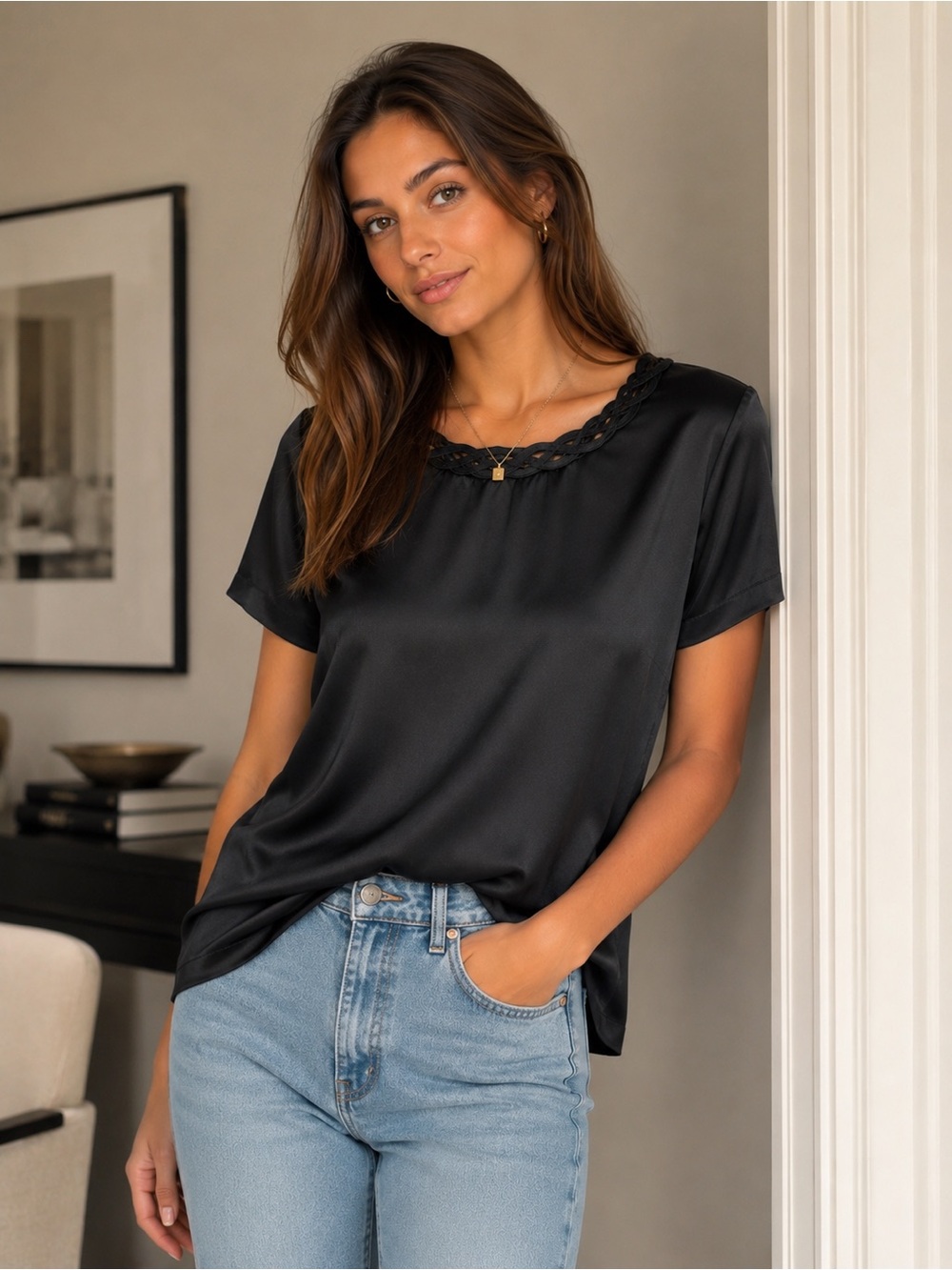 Women's Black Short-Sleeve Tunic with Braided Neckline